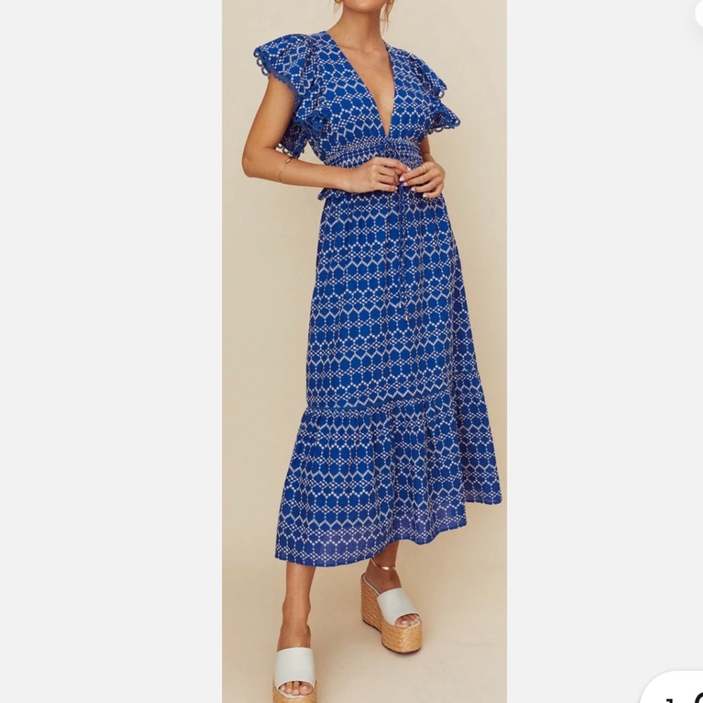 O.P.T Jardin Dress Eyelet Blue V-neck Cotton Midi Women Dress Large NEW